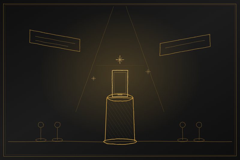 Illustration of a product launch pedestal with a device under a spotlight
